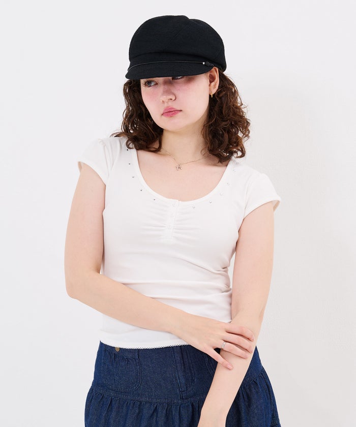 Tシャツ/ストーン/バックオープン ヘンリーネック カットソー TINA：JOJUN