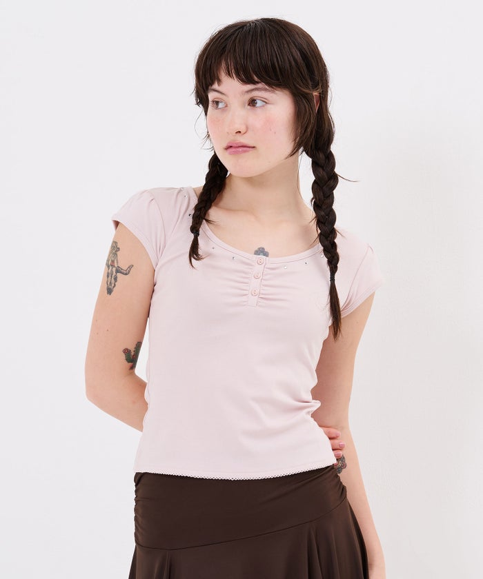 Tシャツ/ストーン/バックオープン ヘンリーネック カットソー TINA：JOJUN