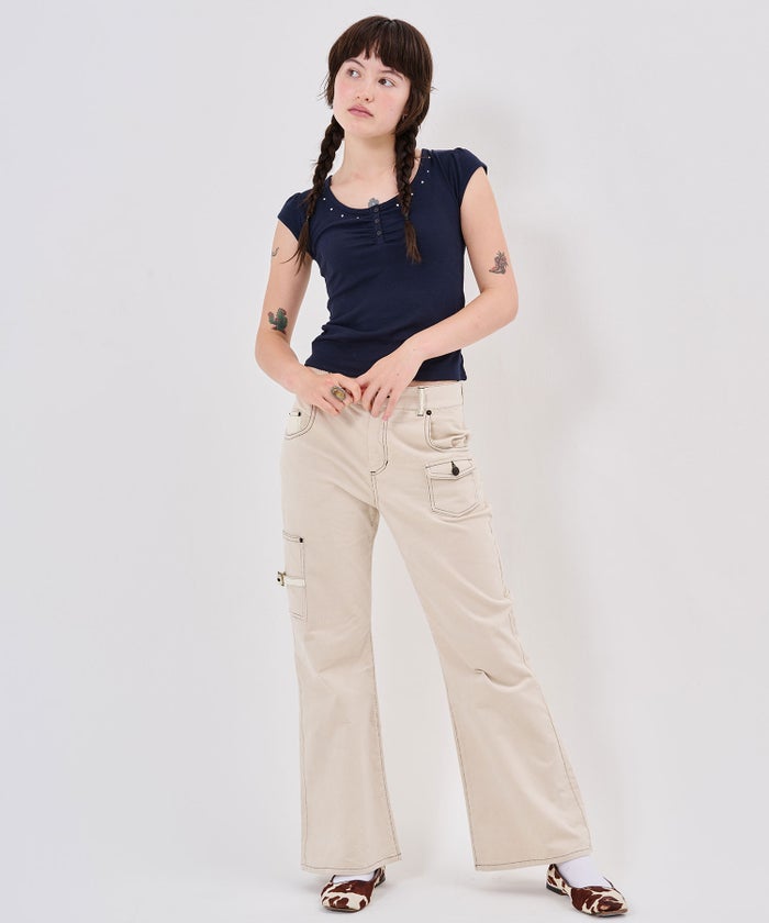 Tシャツ/ストーン/バックオープン ヘンリーネック カットソー TINA：JOJUN