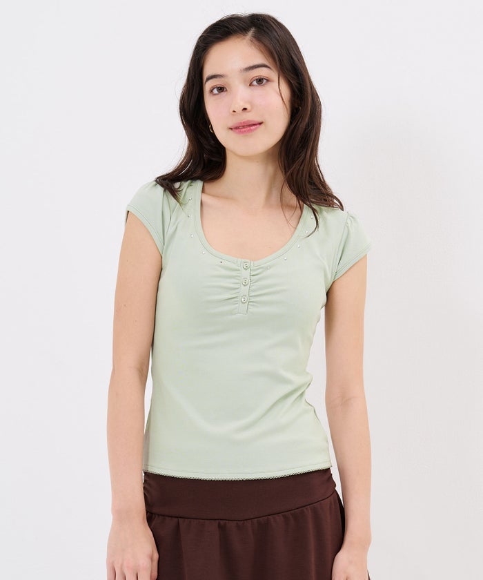 Tシャツ/ストーン/バックオープン ヘンリーネック カットソー TINA：JOJUN
