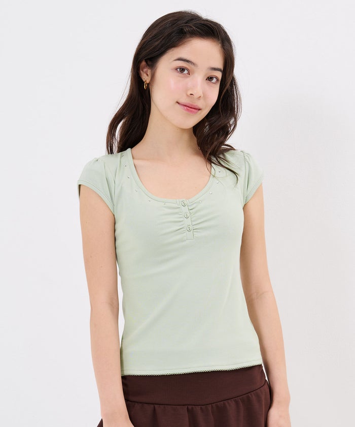 Tシャツ/ストーン/バックオープン ヘンリーネック カットソー TINA：JOJUN