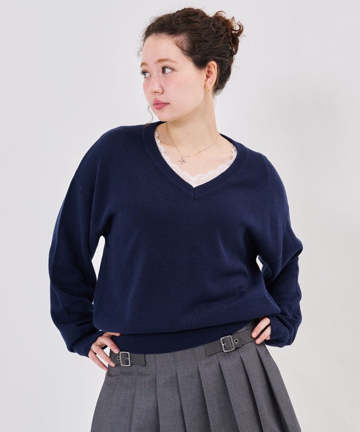 ニット/ロゴ/Vネック ビッグ 刺繍 ニットプルオーバー TINA：JOJUN
