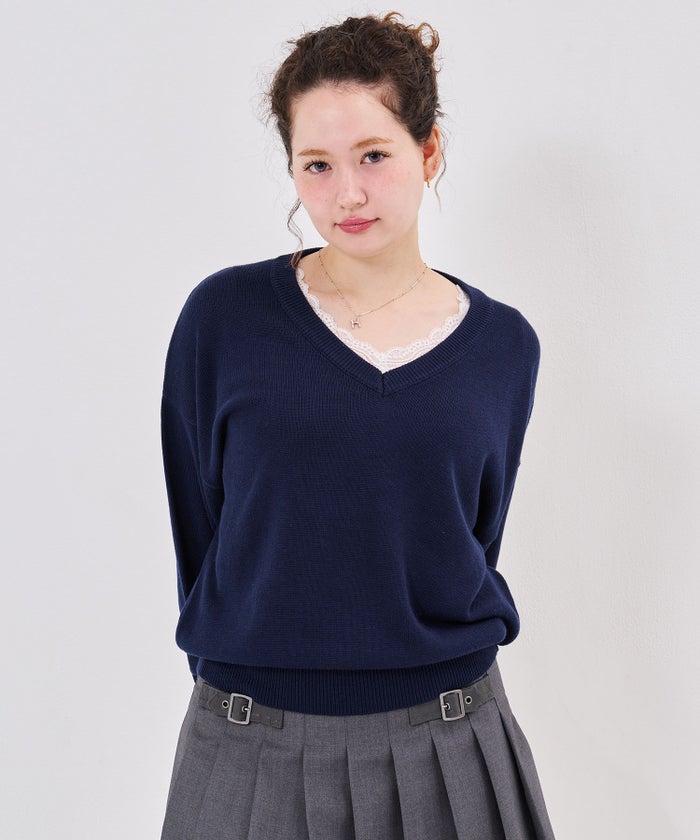 ニット/ロゴ/Vネック ビッグ 刺繍 ニットプルオーバー TINA：JOJUN