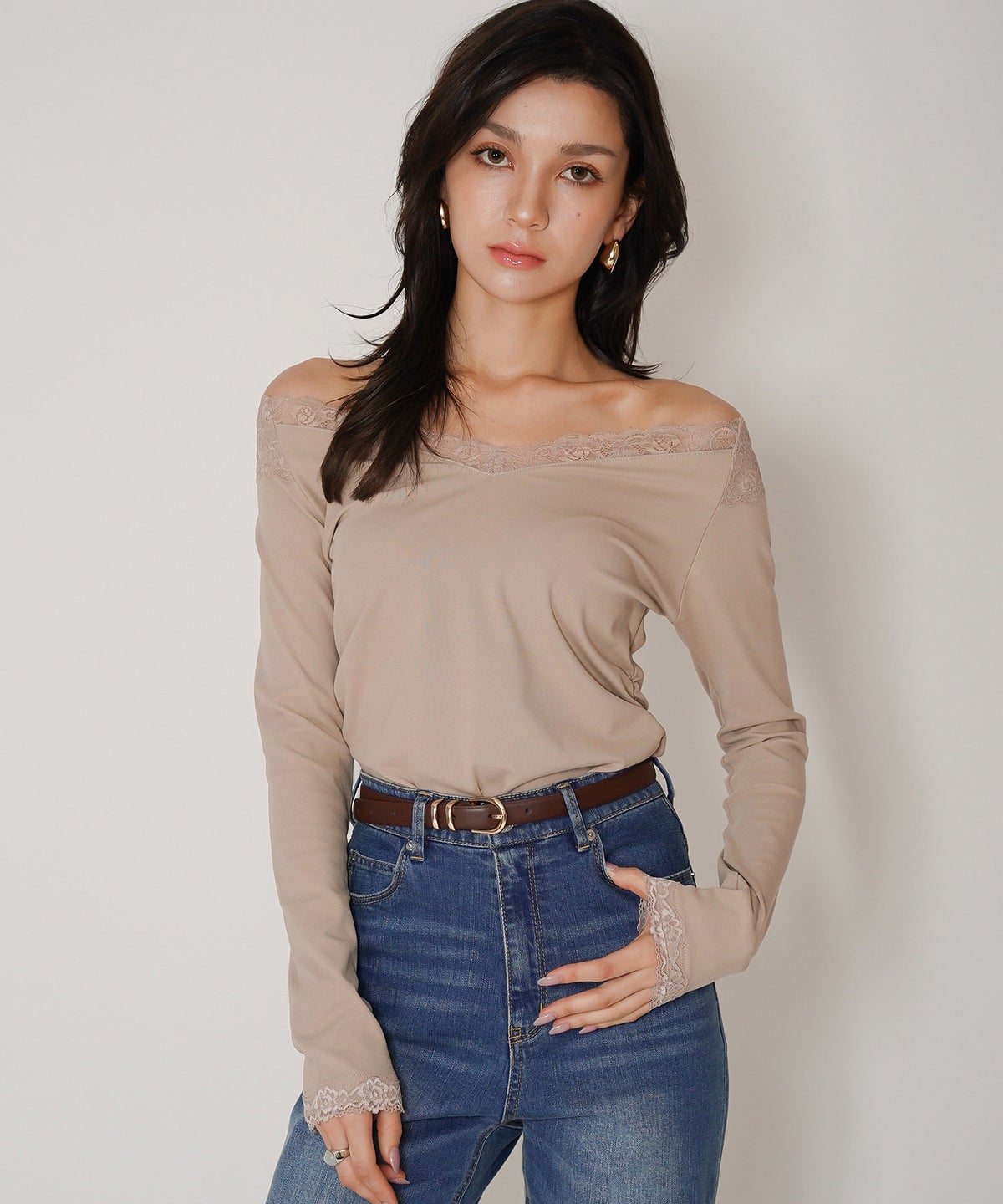レーストップス オフショル 2WAY Vネック 韓国風 デート モード 前後2WAY レース オフショル フライスカットソー トップス KINO THE KEI
