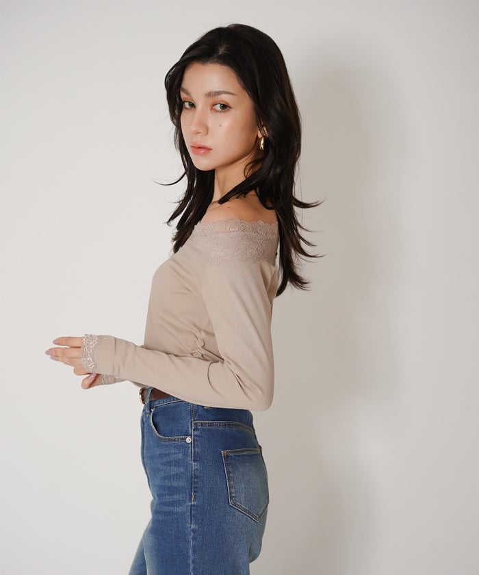 レーストップス オフショル 2WAY Vネック 韓国風 デート モード 前後2WAY レース オフショル フライスカットソー トップス KINO THE KEI