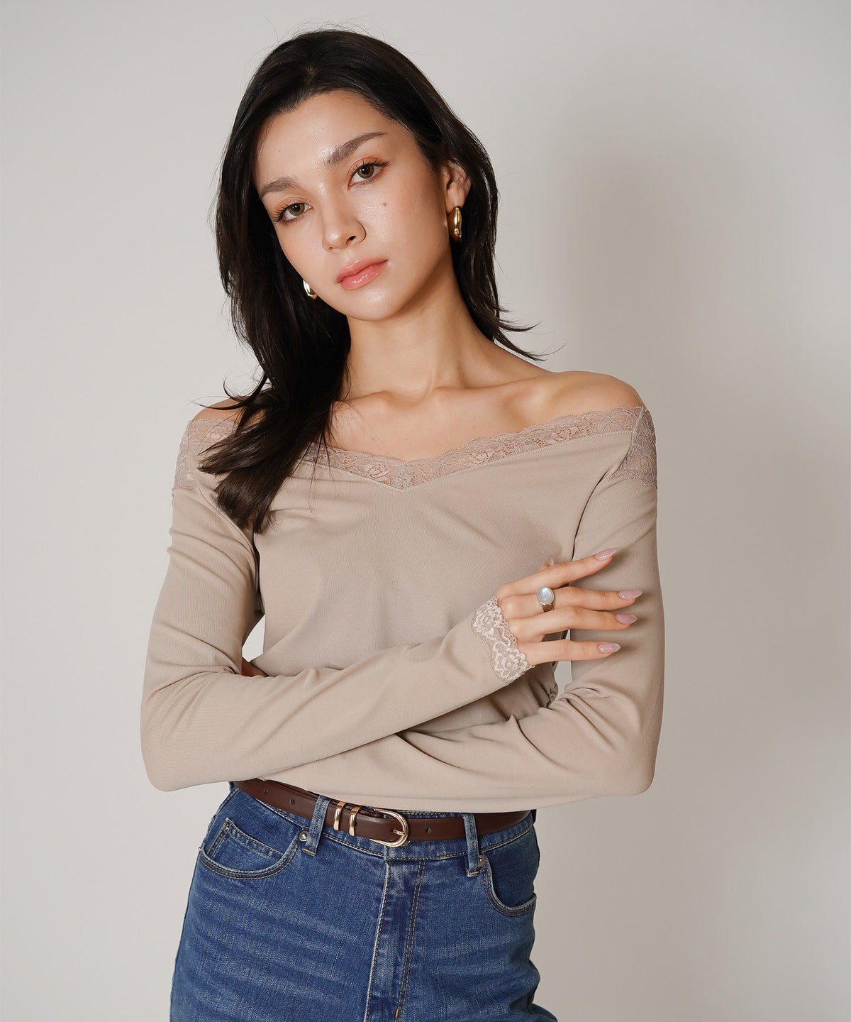 レーストップス オフショル 2WAY Vネック 韓国風 デート モード 前後2WAY レース オフショル フライスカットソー トップス KINO THE KEI