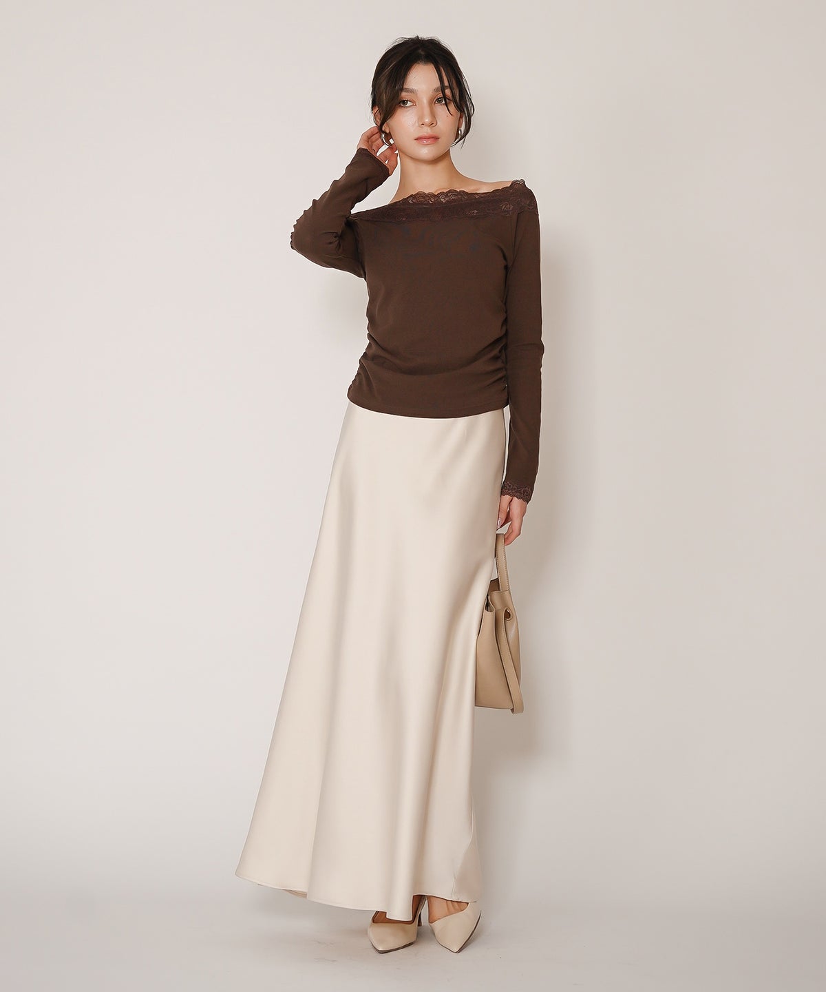 レーストップス オフショル 2WAY Vネック 韓国風 デート モード 前後2WAY レース オフショル フライスカットソー トップス KINO THE KEI