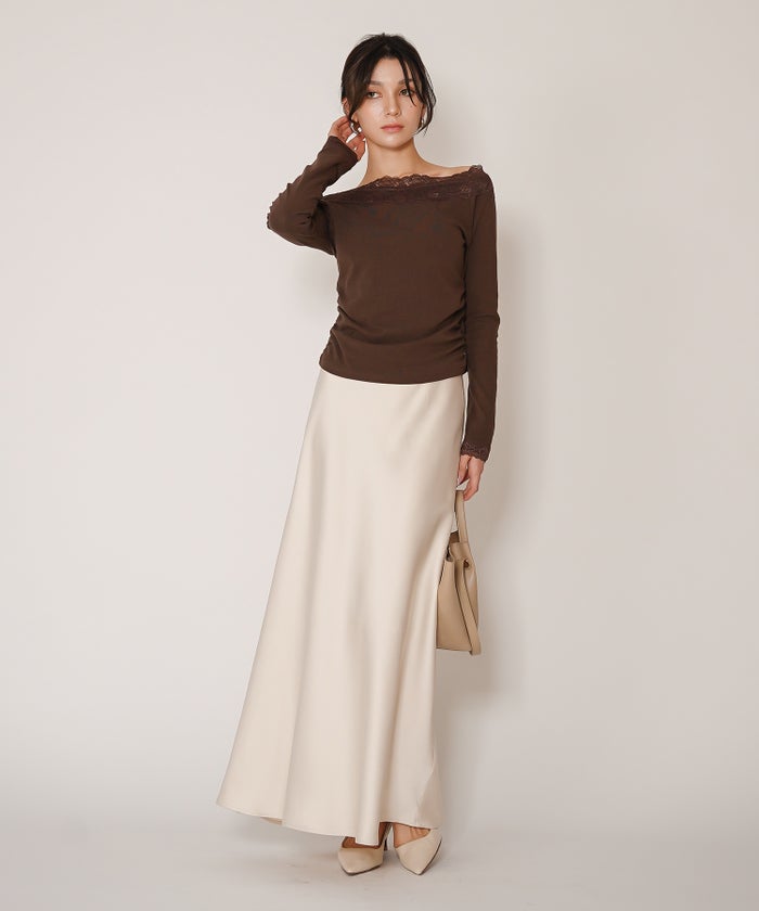レーストップス オフショル 2WAY Vネック 韓国風 デート モード 前後2WAY レース オフショル フライスカットソー トップス KINO THE KEI