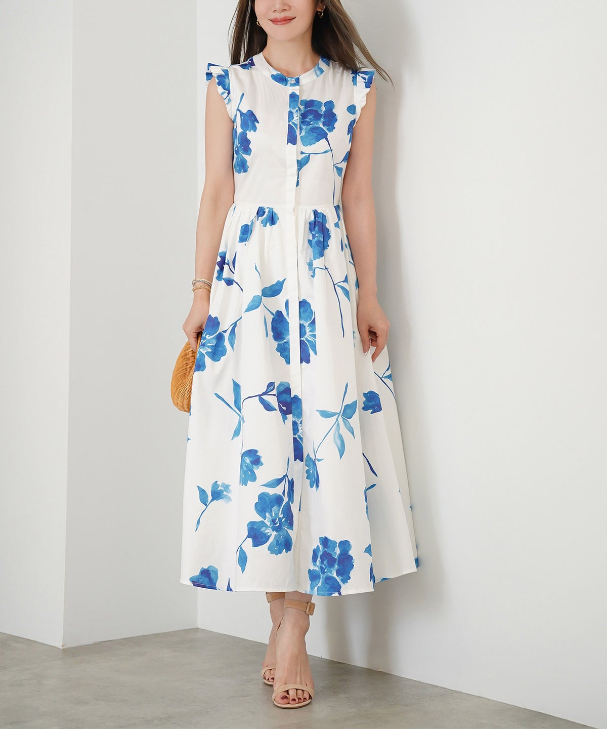 手洗い可 S/M/L おしゃれ フェミニン 上品 大人可愛い きれいめ 夏 柄 ジョイントスペース ラッフル袖プリントワンピース Liala×PG