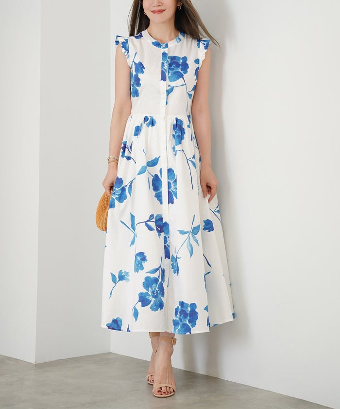 手洗い可 S/M/L おしゃれ フェミニン 上品 大人可愛い きれいめ 夏 柄 ジョイントスペース ラッフル袖プリントワンピース Liala×PG
