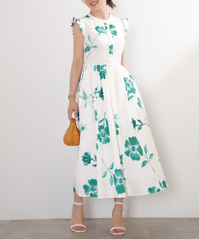 手洗い可 S/M/L おしゃれ フェミニン 上品 大人可愛い きれいめ 夏 柄 ジョイントスペース ラッフル袖プリントワンピース Liala×PG手洗い可 S/M/L おしゃれ フェミニン 上品 大人可愛い きれいめ 夏 柄 ジョイントスペース ラッフル袖プリントワンピース Liala×PG