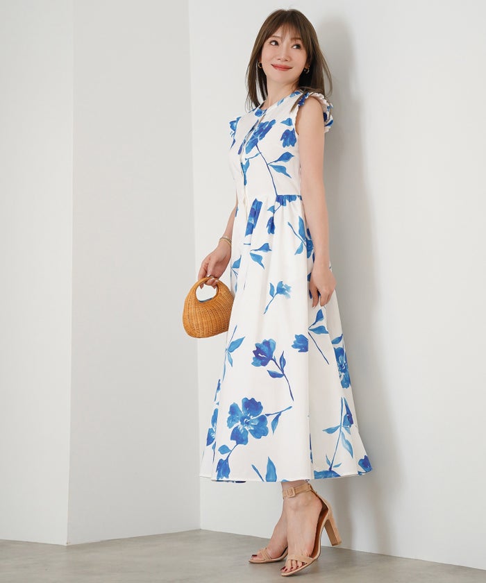 手洗い可 S/M/L おしゃれ フェミニン 上品 大人可愛い きれいめ 夏 柄 ジョイントスペース ラッフル袖プリントワンピース Liala×PG