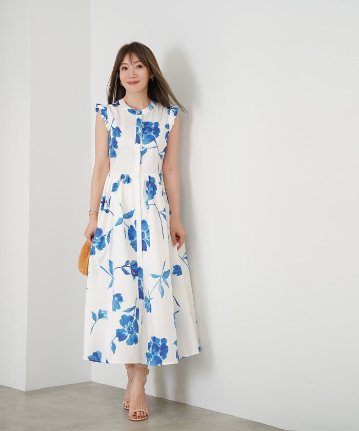 手洗い可 S/M/L おしゃれ フェミニン 上品 大人可愛い きれいめ 夏 柄 ジョイントスペース ラッフル袖プリントワンピース Liala×PG