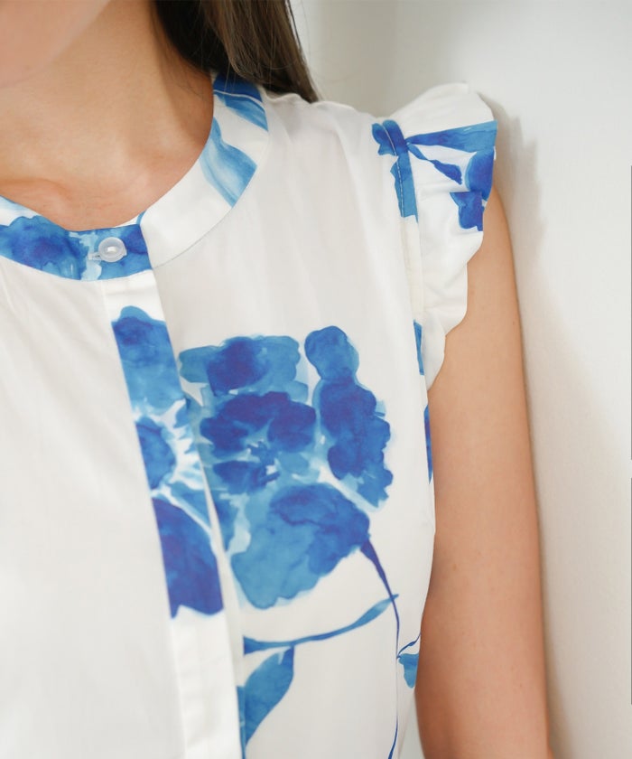 手洗い可 S/M/L おしゃれ フェミニン 上品 大人可愛い きれいめ 夏 柄 ジョイントスペース ラッフル袖プリントワンピース Liala×PG