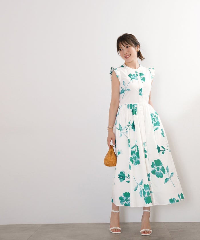 手洗い可 S/M/L おしゃれ フェミニン 上品 大人可愛い きれいめ 夏 柄 ジョイントスペース ラッフル袖プリントワンピース Liala×PG