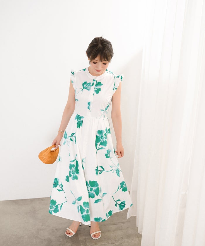 手洗い可 S/M/L おしゃれ フェミニン 上品 大人可愛い きれいめ 夏 柄 ジョイントスペース ラッフル袖プリントワンピース Liala×PG