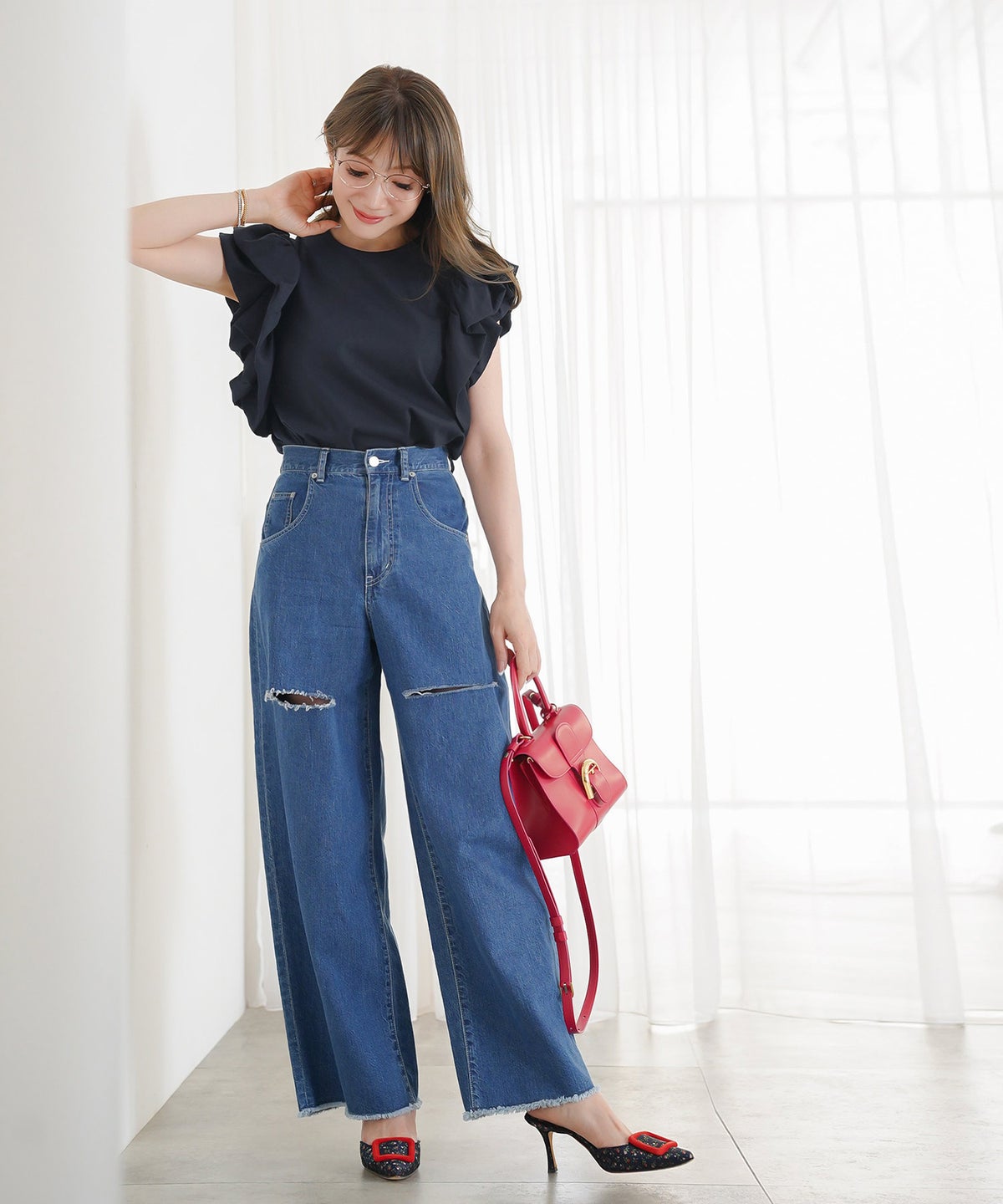 手洗い可 上品 きれいめ 大人カジュアル フェミニン シンプル 異素材切り替え 体型カバー ジョイントスペース ダブルバルーンスリーブカットソーPO Liala×PG