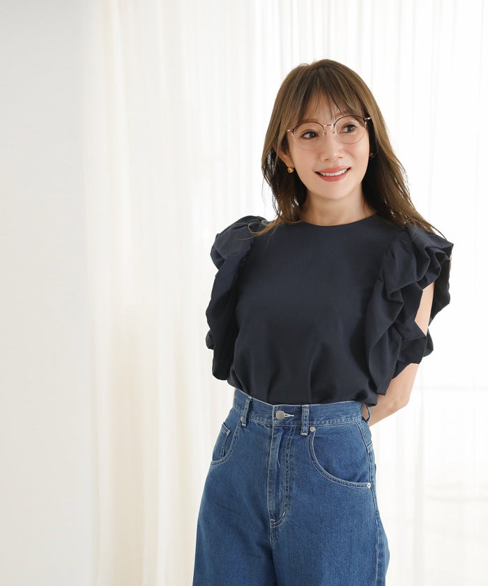 手洗い可 上品 きれいめ 大人カジュアル フェミニン シンプル 異素材切り替え 体型カバー ジョイントスペース ダブルバルーンスリーブカットソーPO Liala×PG