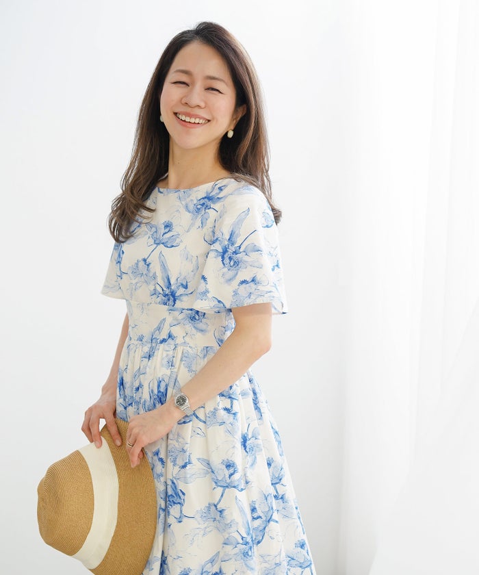 ワンピース 柄 フレアスリーブ トワルドジュイ 花柄 ブルー グレー ジョイントスペース