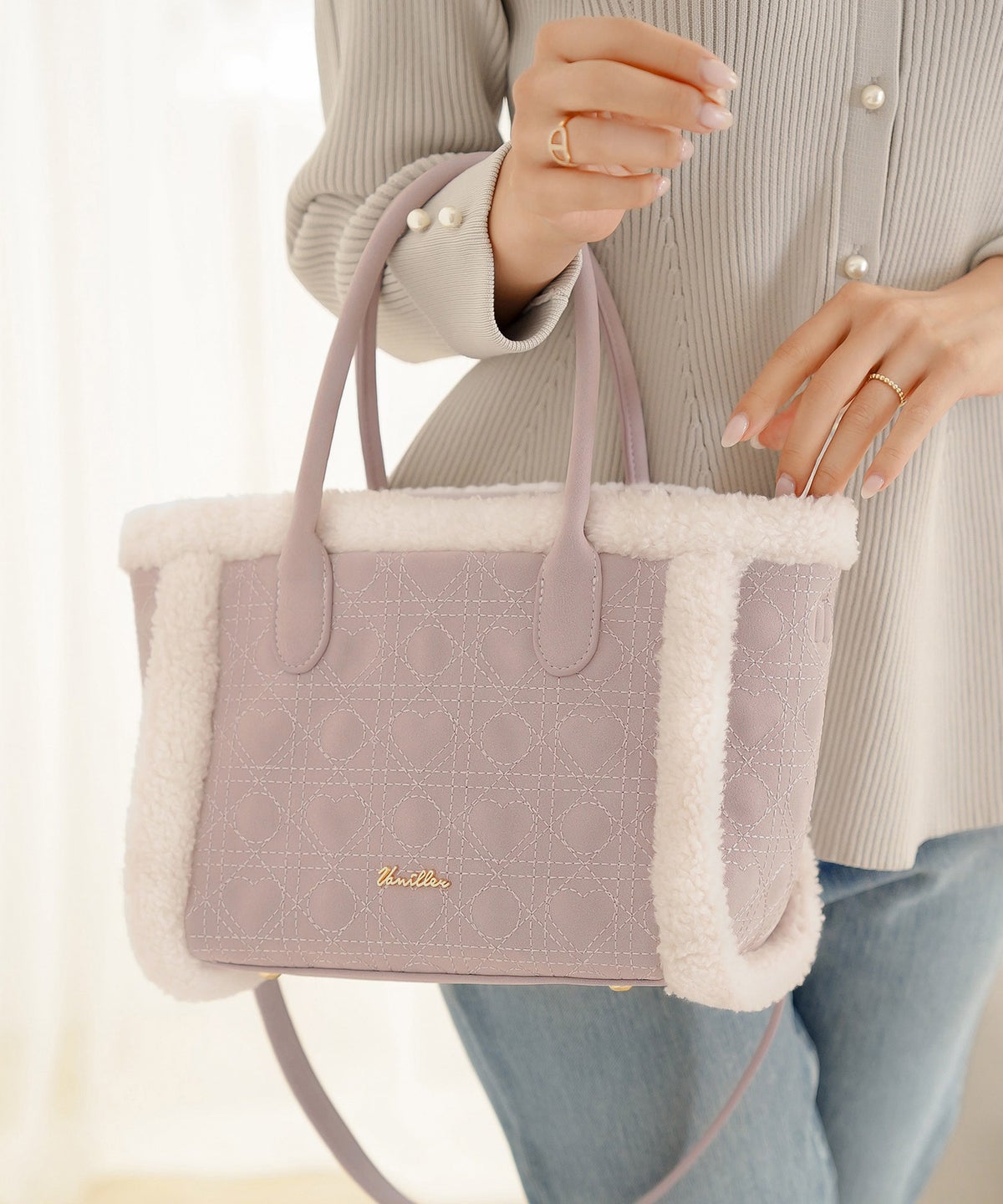 バッグ トートバッグ スエード ハートキルティング かわいい ボア コンビ ショルダー付き 秋 冬 デザイン オリジナル ハートキルティング スエード トート バッグ le reve vaniller