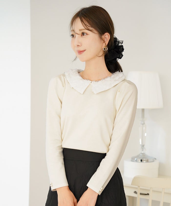 トップス カットソー 花襟 襟付き 取り外し 2WAY 涙あき 長袖 Tシャツ タック ロンT 秋 春 冬 長袖 2WAY フラワー 襟 カット トップス le reve vaniller