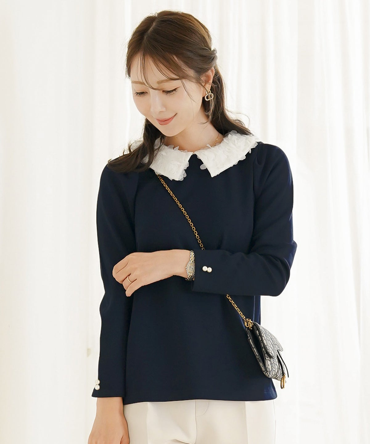 トップス カットソー 花襟 襟付き 取り外し 2WAY 涙あき 長袖 Tシャツ タック ロンT 秋 春 冬 長袖 2WAY フラワー 襟 カット トップス le reve vaniller