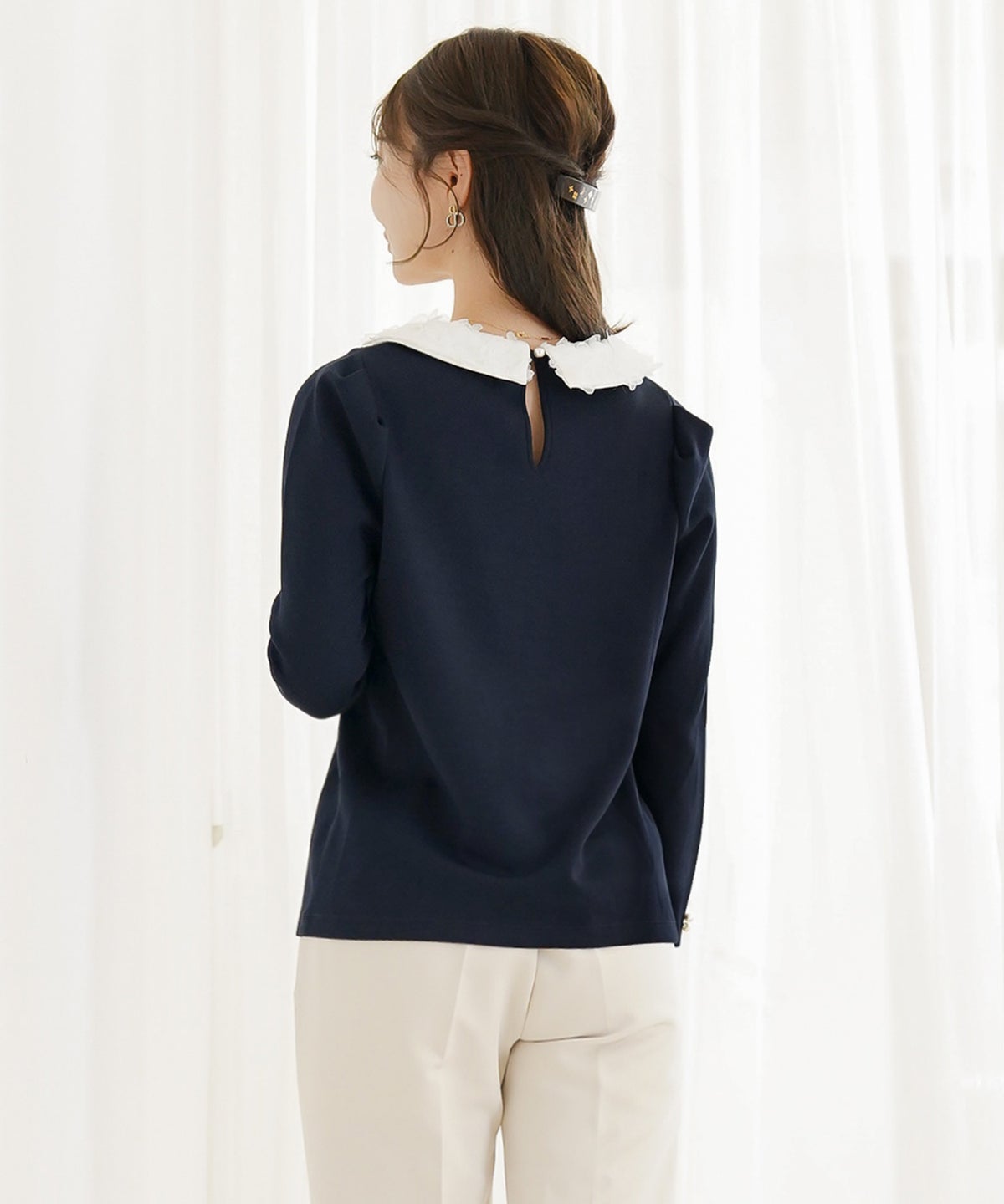 トップス カットソー 花襟 襟付き 取り外し 2WAY 涙あき 長袖 Tシャツ タック ロンT 秋 春 冬 長袖 2WAY フラワー 襟 カット トップス le reve vaniller