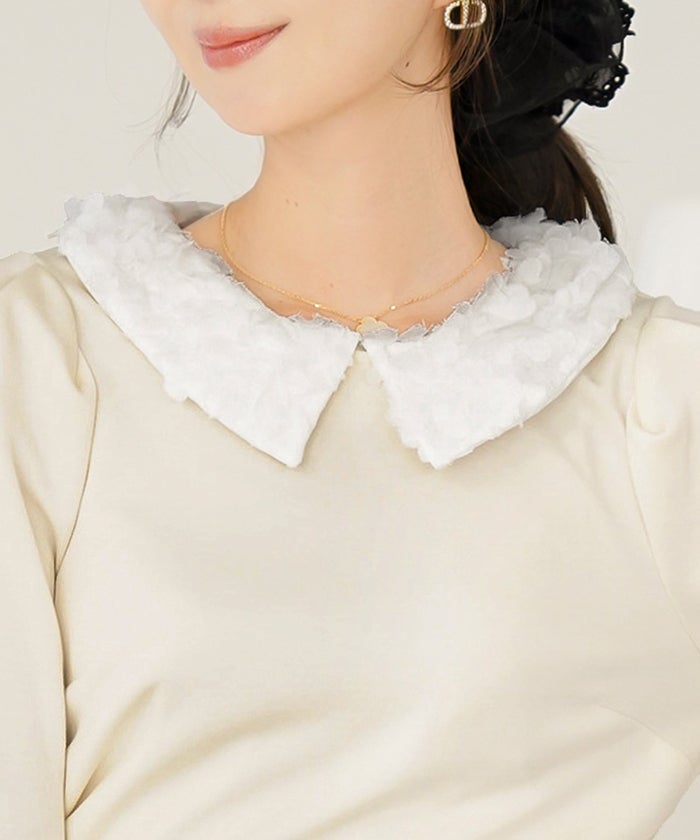 トップス カットソー 花襟 襟付き 取り外し 2WAY 涙あき 長袖 Tシャツ タック ロンT 秋 春 冬 長袖 2WAY フラワー 襟 カット トップス le reve vaniller