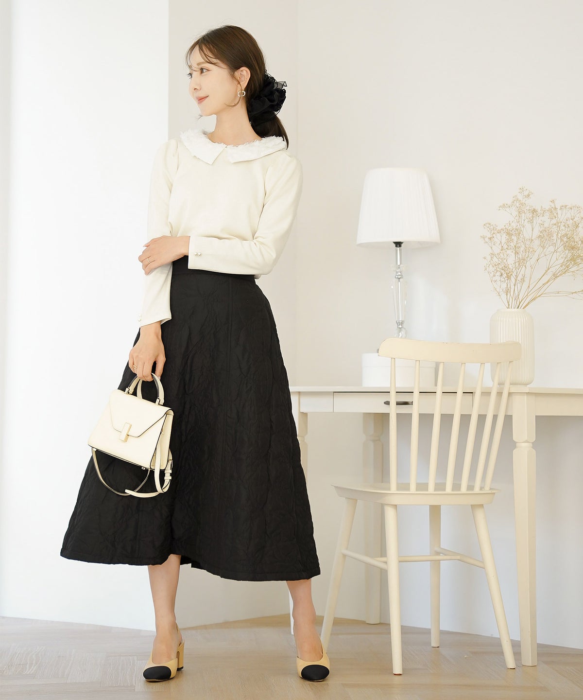 トップス カットソー 花襟 襟付き 取り外し 2WAY 涙あき 長袖 Tシャツ タック ロンT 秋 春 冬 長袖 2WAY フラワー 襟 カット トップス le reve vaniller