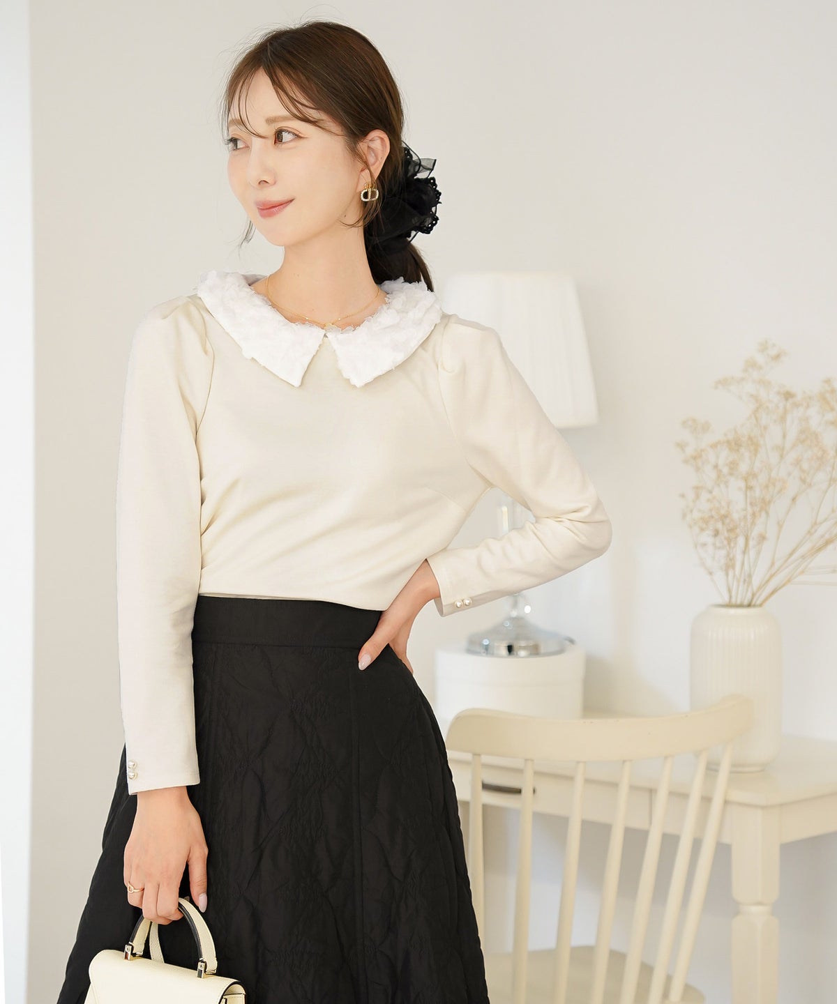 トップス カットソー 花襟 襟付き 取り外し 2WAY 涙あき 長袖 Tシャツ タック ロンT 秋 春 冬 長袖 2WAY フラワー 襟 カット トップス le reve vaniller