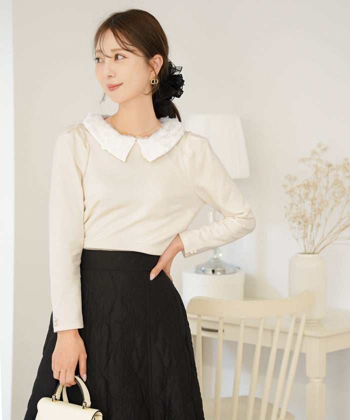 トップス カットソー 花襟 襟付き 取り外し 2WAY 涙あき 長袖 Tシャツ タック ロンT 秋 春 冬 長袖 2WAY フラワー 襟 カット トップス le reve vaniller