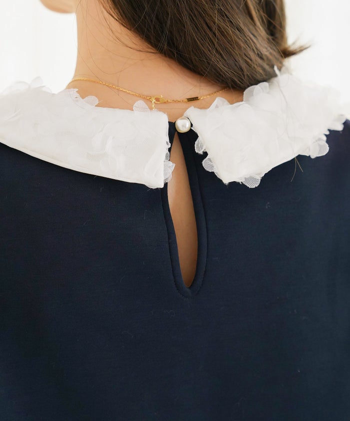 トップス カットソー 花襟 襟付き 取り外し 2WAY 涙あき 長袖 Tシャツ タック ロンT 秋 春 冬 長袖 2WAY フラワー 襟 カット トップス le reve vaniller