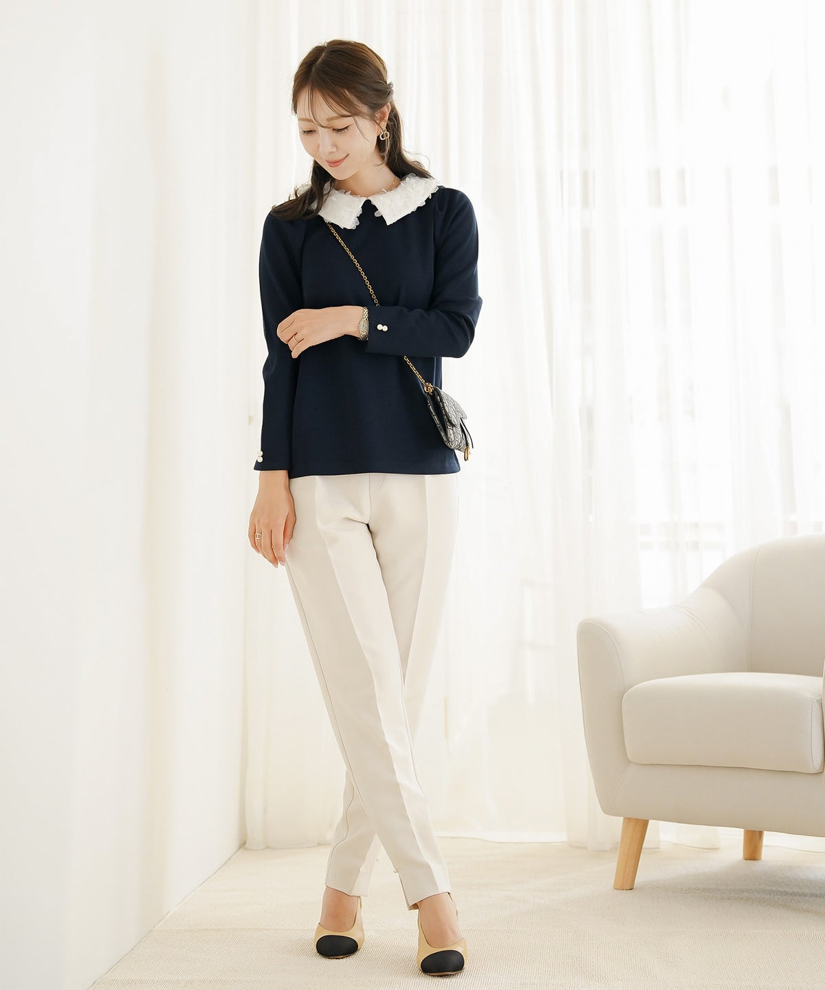 トップス カットソー 花襟 襟付き 取り外し 2WAY 涙あき 長袖 Tシャツ タック ロンT 秋 春 冬 長袖 2WAY フラワー 襟 カット トップス le reve vaniller