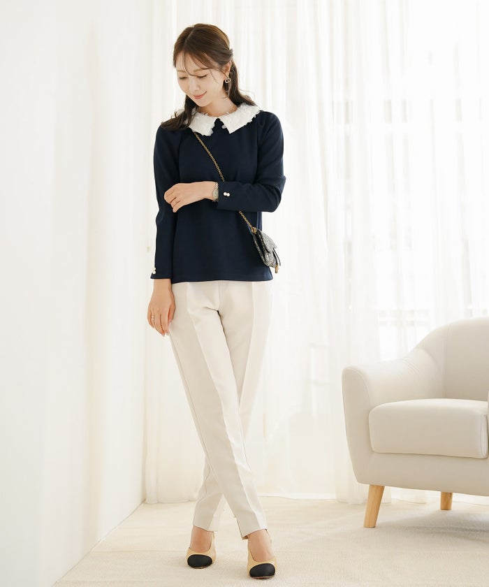 トップス カットソー 花襟 襟付き 取り外し 2WAY 涙あき 長袖 Tシャツ タック ロンT 秋 春 冬 長袖 2WAY フラワー 襟 カット トップス le reve vaniller