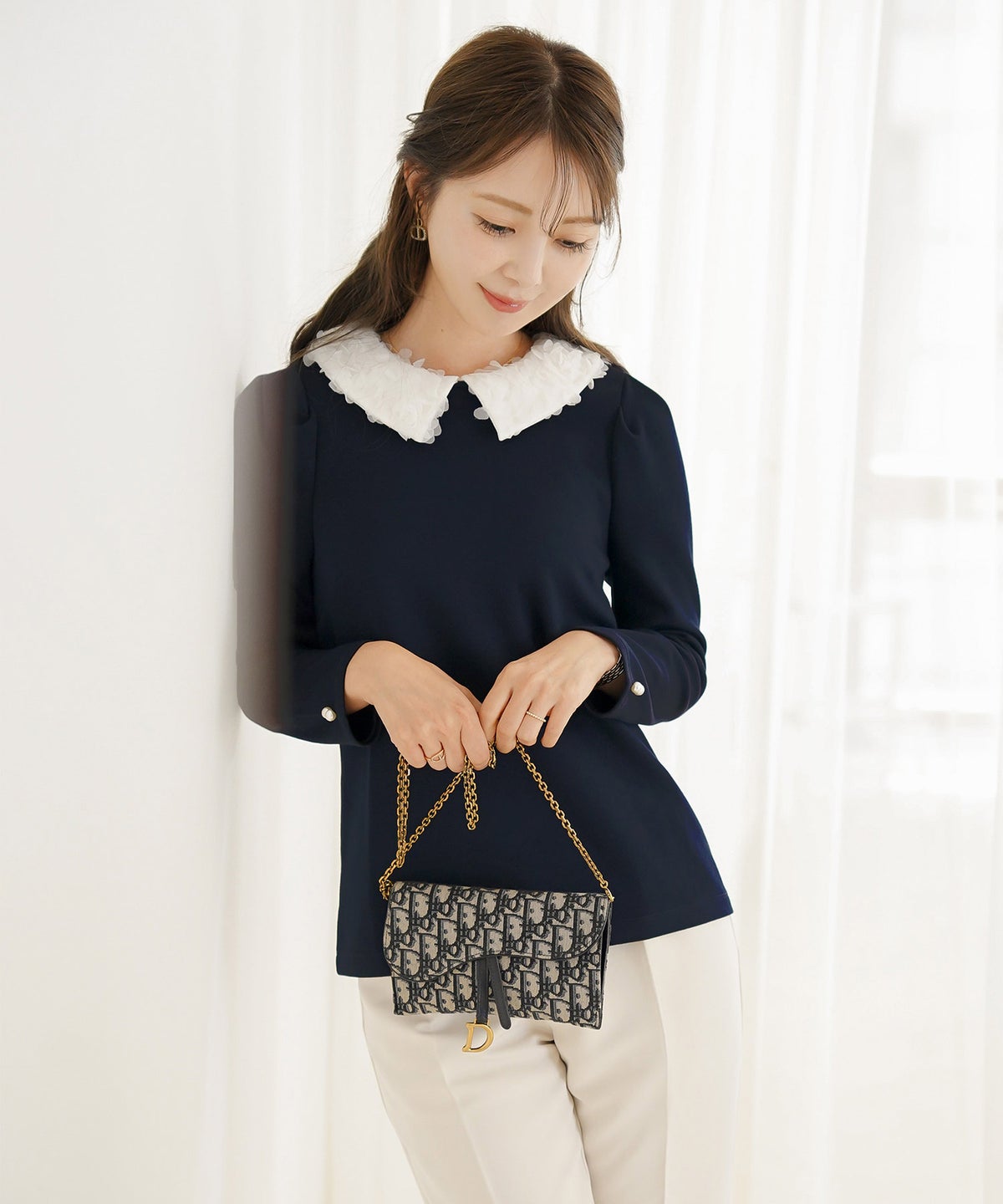 トップス カットソー 花襟 襟付き 取り外し 2WAY 涙あき 長袖 Tシャツ タック ロンT 秋 春 冬 長袖 2WAY フラワー 襟 カット トップス le reve vaniller