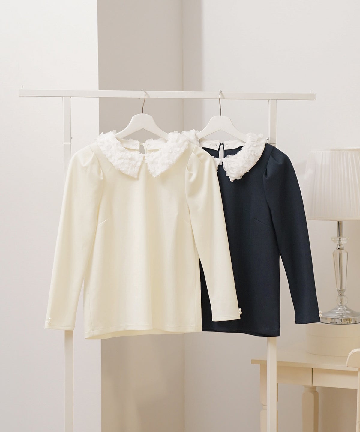 トップス カットソー 花襟 襟付き 取り外し 2WAY 涙あき 長袖 Tシャツ タック ロンT 秋 春 冬 長袖 2WAY フラワー 襟 カット トップス le reve vaniller
