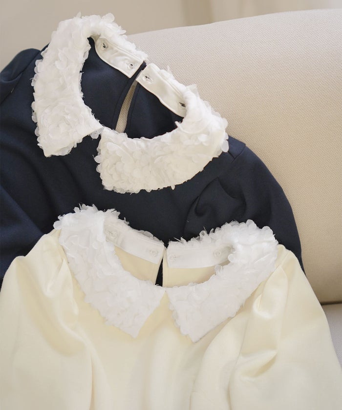 トップス カットソー 花襟 襟付き 取り外し 2WAY 涙あき 長袖 Tシャツ タック ロンT 秋 春 冬 長袖 2WAY フラワー 襟 カット トップス le reve vaniller