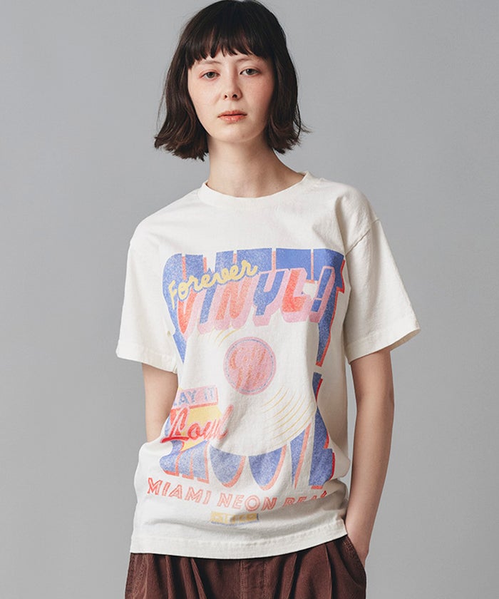 アイボリー グレー ブラック Tシャツ プリント 半袖 ウォッシャブル M L レコードプリントＴシャツ AT THE TRNK ＠