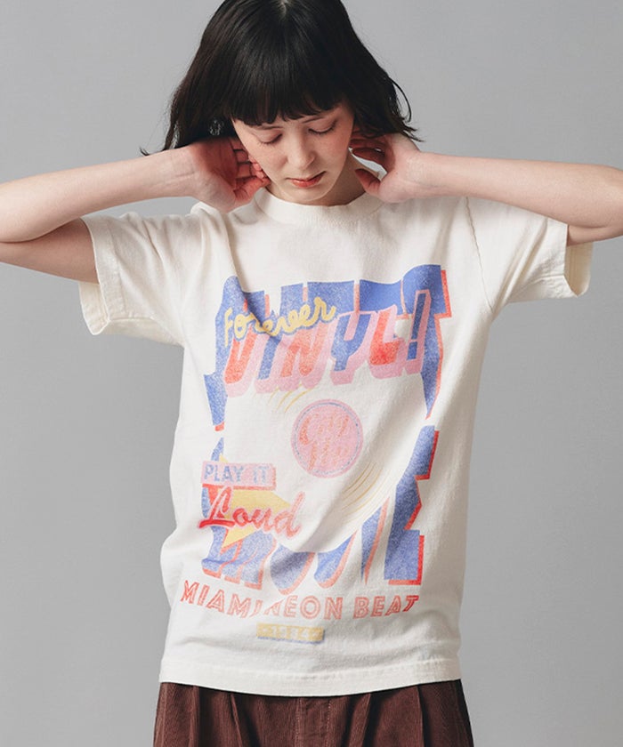 アイボリー グレー ブラック Tシャツ プリント 半袖 ウォッシャブル M L レコードプリントＴシャツ AT THE TRNK ＠
