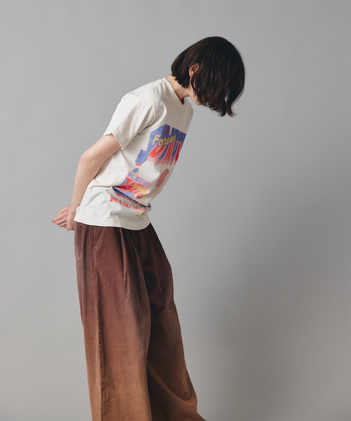 アイボリー グレー ブラック Tシャツ プリント 半袖 ウォッシャブル M L レコードプリントＴシャツ AT THE TRNK ＠