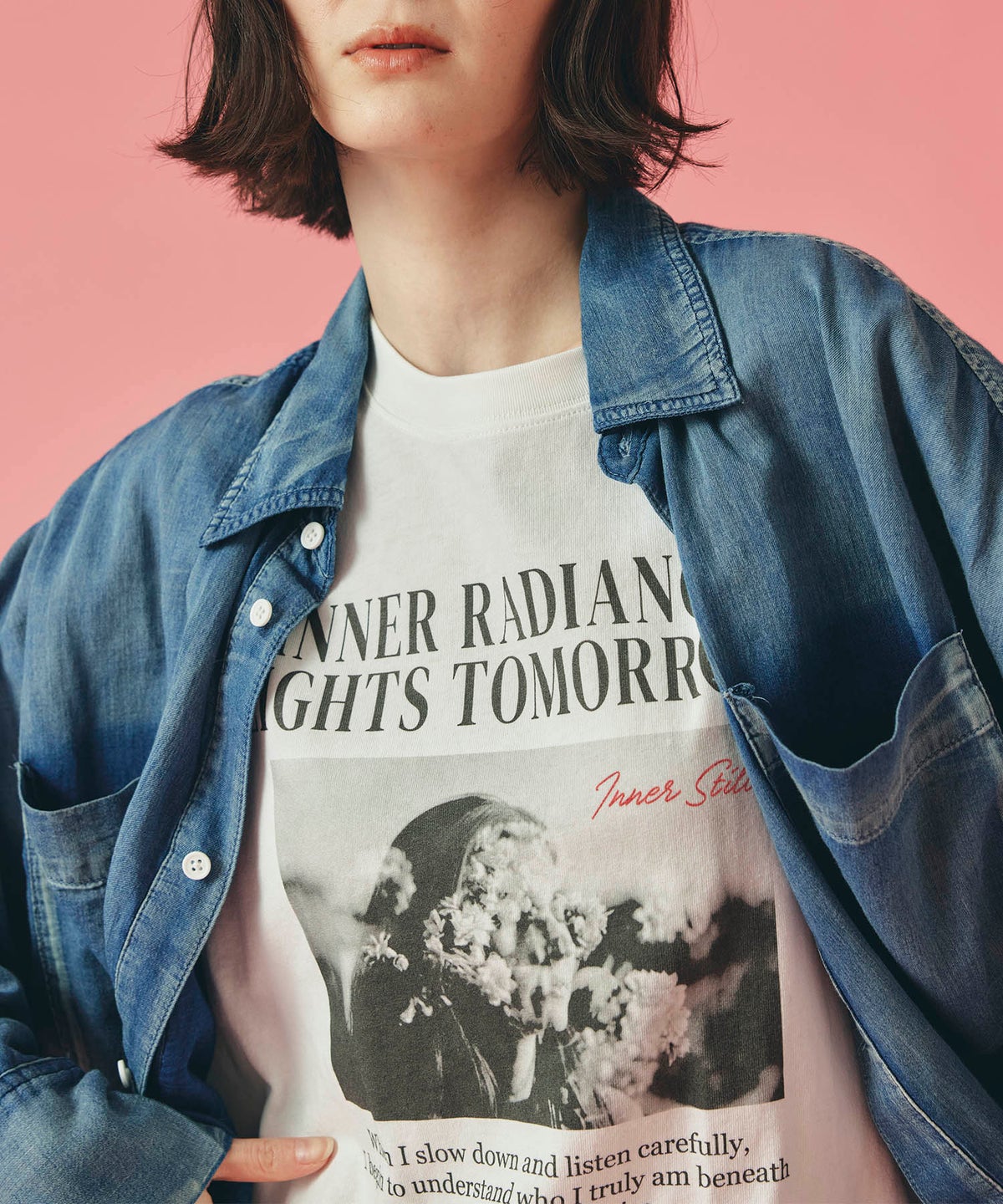 ホワイト チャコール ベージュ 半袖 Tシャツ プリント ウォッシャブル フリーサイズ フォトＴシャツ　フラワープリント AT THE TRNK ＠