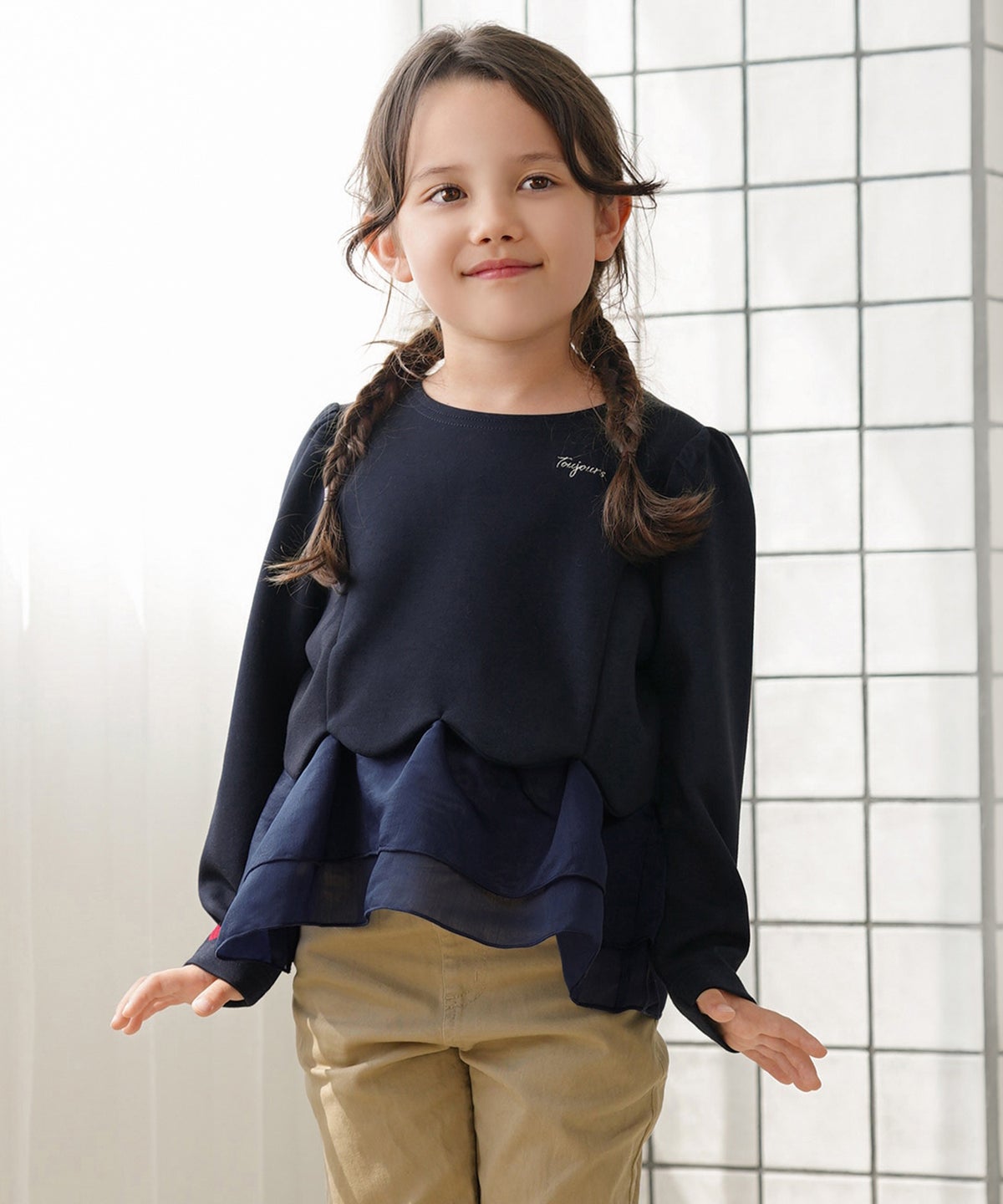 キッズ 子供 トップス ペプラム 長袖 クルーネック ハート 刺繍 おそろい ボーダー 異素材 秋 春 可愛い vaniller kids 裾スカラップ 異素材 ヘム ペプラム カットソー le reve vaniller