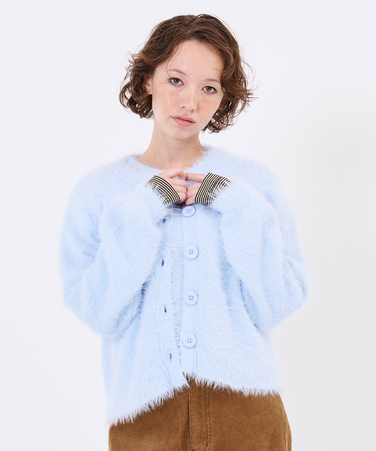 羽織/ふわふわ/ビッグボタン シャギーニットカーディガンTINA：JOJUN
