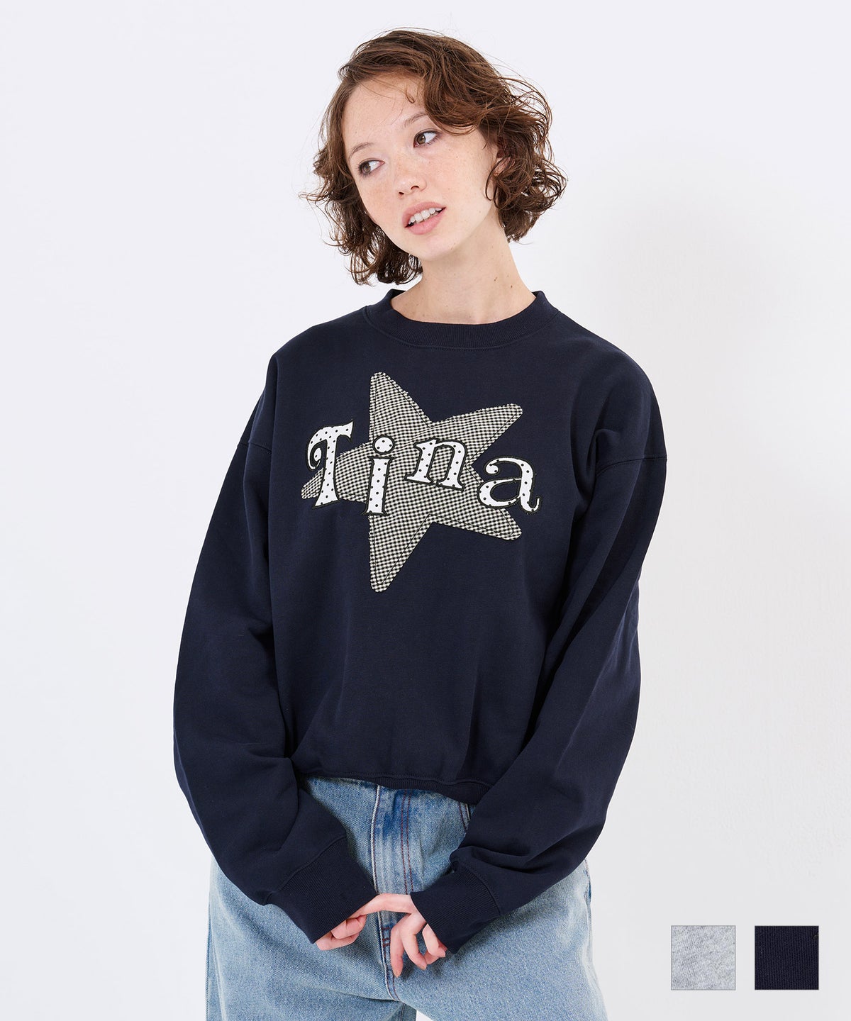 ネイビー/トレーナー/星/ビッグスターアップリケスウェットTINA：JOJUN