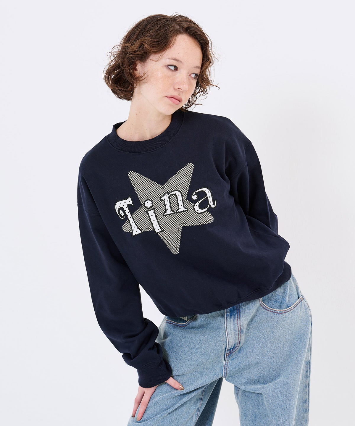 ネイビー/トレーナー/星/ビッグスターアップリケスウェットTINA：JOJUN