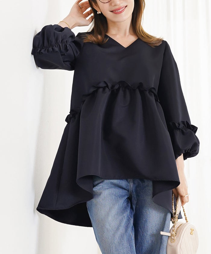 手洗い可 日本製 きれいめ 大人カジュアル オフィス フェニミン 上品 光沢感 夏 秋口 ジョイントスペース グログランペプラムブラウス Liala×PG