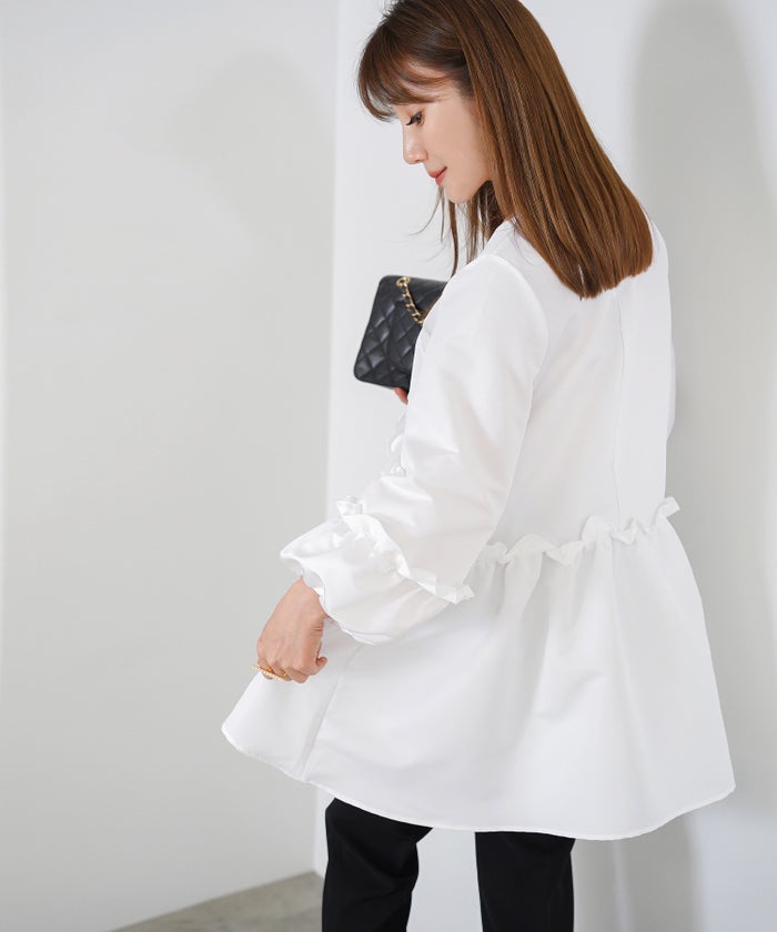 手洗い可 日本製 きれいめ 大人カジュアル オフィス フェニミン 上品 光沢感 夏 秋口 ジョイントスペース グログランペプラムブラウス Liala×PG