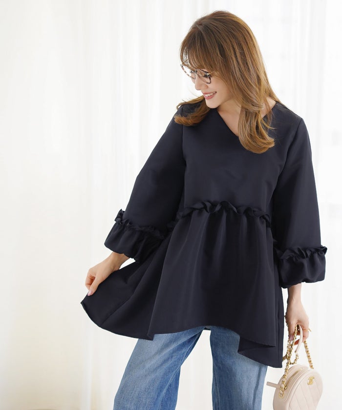 手洗い可 日本製 きれいめ 大人カジュアル オフィス フェニミン 上品 光沢感 夏 秋口 ジョイントスペース グログランペプラムブラウス Liala×PG