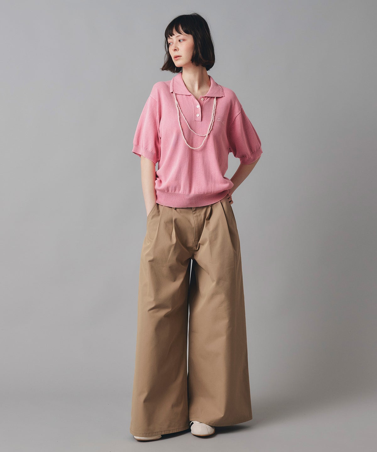 ピンク ブラウン ブラック 襟付き ニット ポロシャツ 半袖 ウォッシャブル フリーサイズ ピグメントニットポロシャツ AT THE TRNK