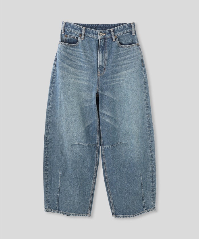 ブルー ワイド パンツ バレルシルエット ワイド デニム ウエストゴム レディース S M L デニムバレルパンツ AT THE TRNK